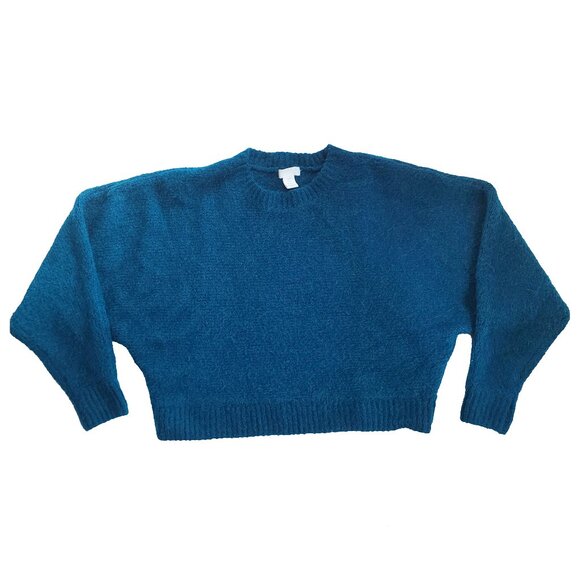Women's Fuzzy Oversized Cropped Sweater Teal Blue/Green Crew Neck - Picture 1 of 5